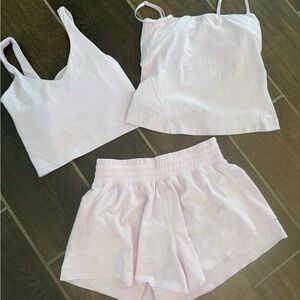 Lululemon Athletica Light Pink shake it out Shorts with two matching tops